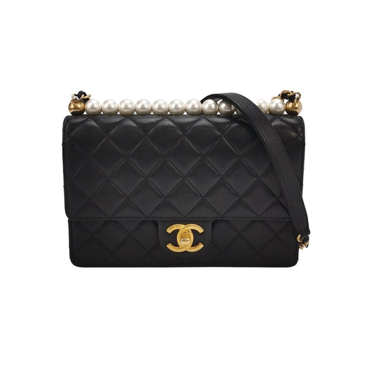 Chanel Flap Bag Lamb Leather Quilted Pearl Decor Classic Double C Buckle Shoulder Bag