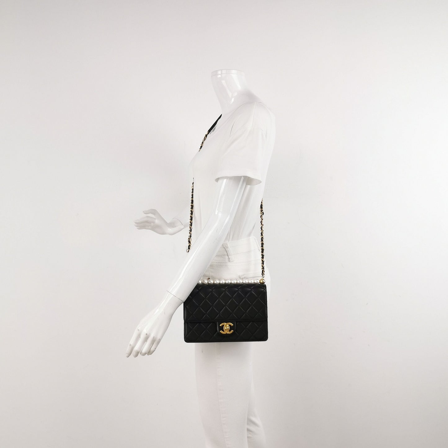 Chanel Flap Bag Lamb Leather Quilted Pearl Decor Classic Double C Buckle Shoulder Bag