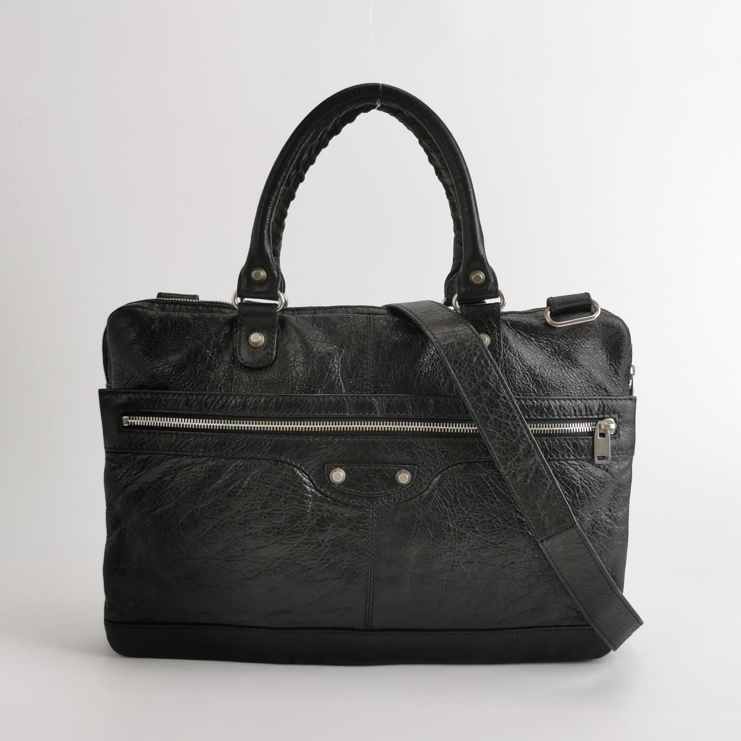 Preloved Balenciaga Waxed Leather Solid Studded Zip Mother-Daughter Crossbody Shoulder Bag 250430781173099