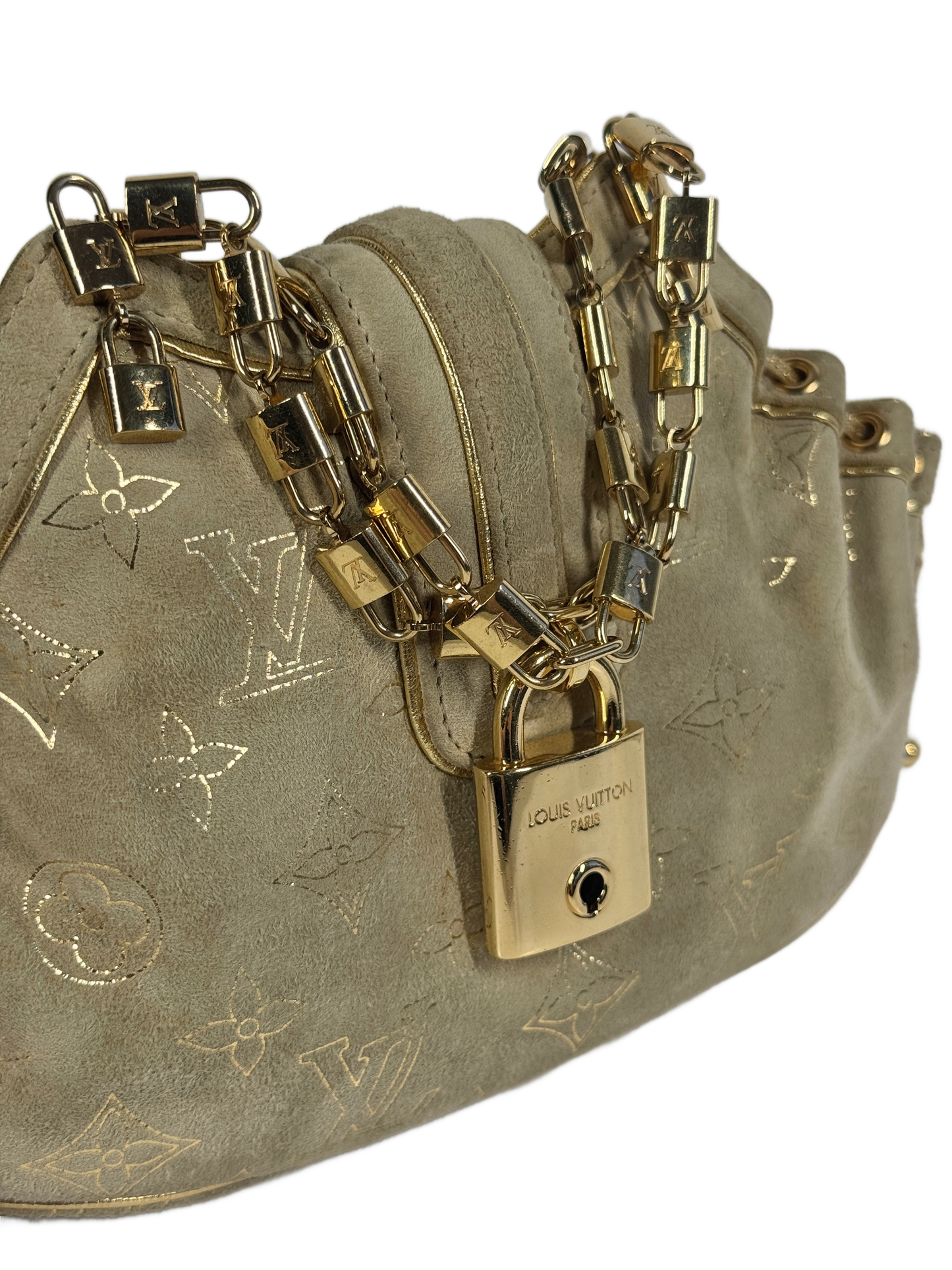 Louis Vuitton Vintage 2004 Beige Suede Gold Monogram Theda Mini Logo Lock Bag