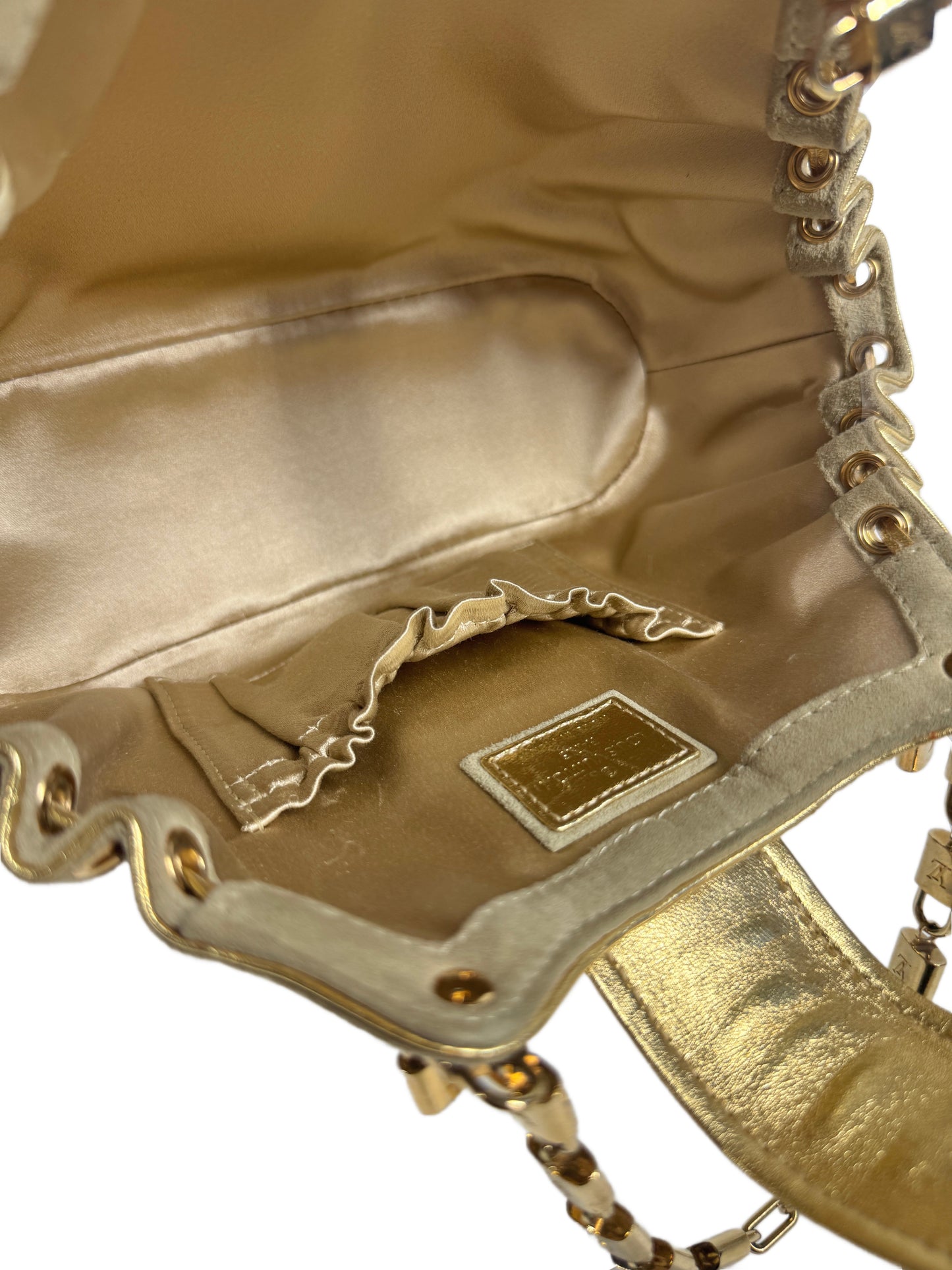 Louis Vuitton Vintage 2004 Beige Suede Gold Monogram Theda Mini Logo Lock Bag
