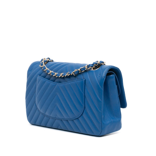 Blue Chanel Medium Classic Chevron Lambskin Double Flap Shoulder Bag