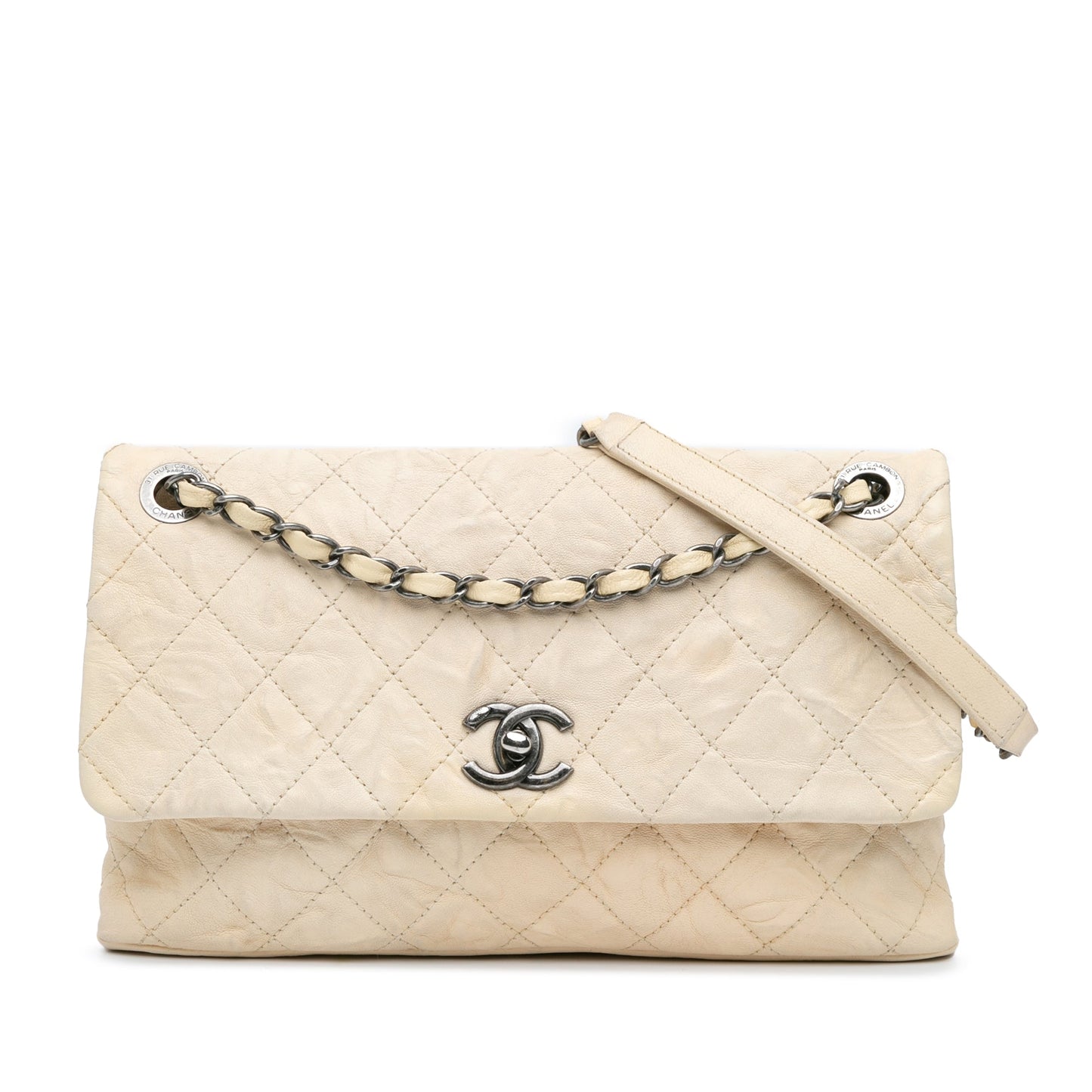 White Chanel CC Quilted Calfskin Aged Shoulder Bag