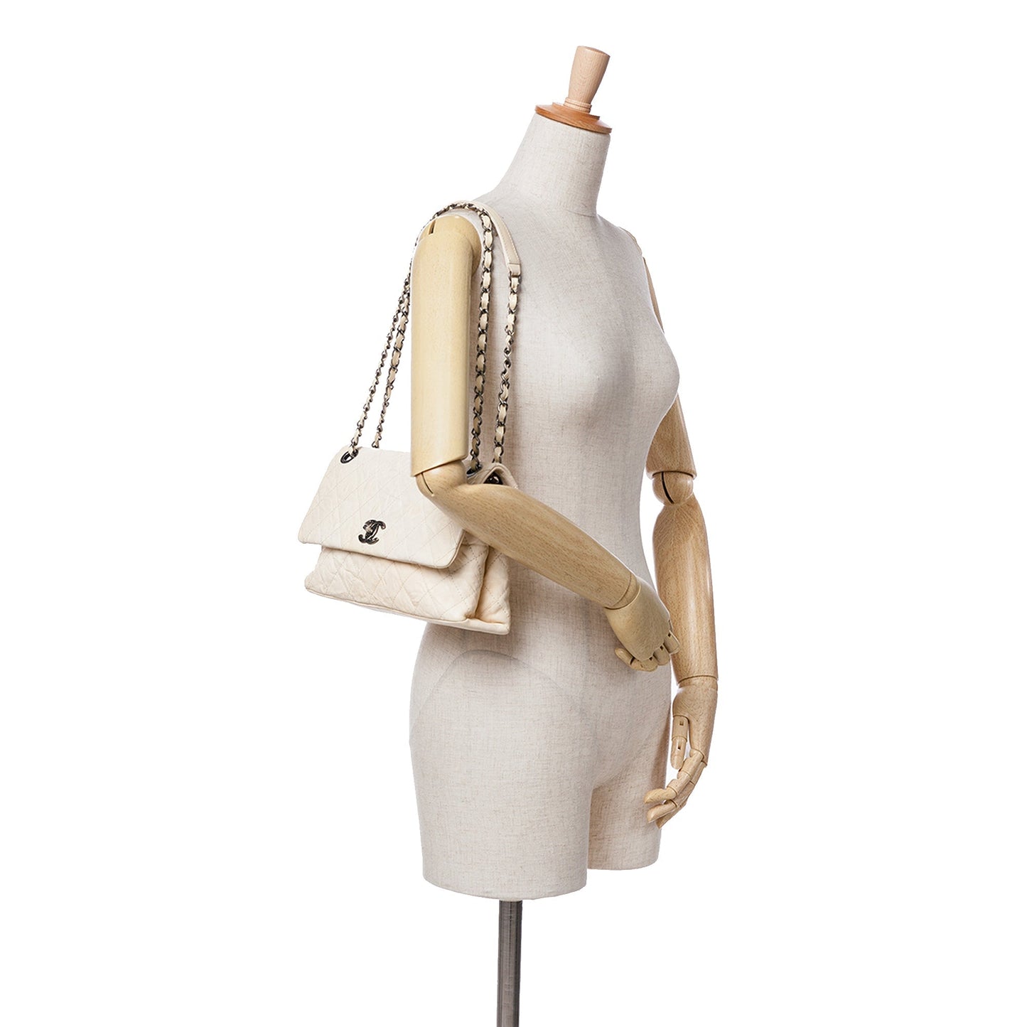 White Chanel CC Quilted Calfskin Aged Shoulder Bag