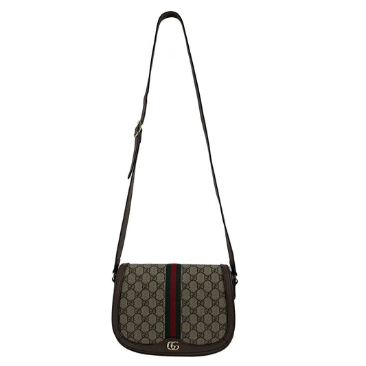 GUCCI GG Supreme Monogram Web Small Ophidia Flap Messenger Brown Crossbody Bag