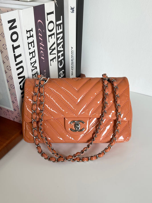 Chanel Patent Chevron Medium Flap Bag - Orange Shoulder Bags, Handbags #E