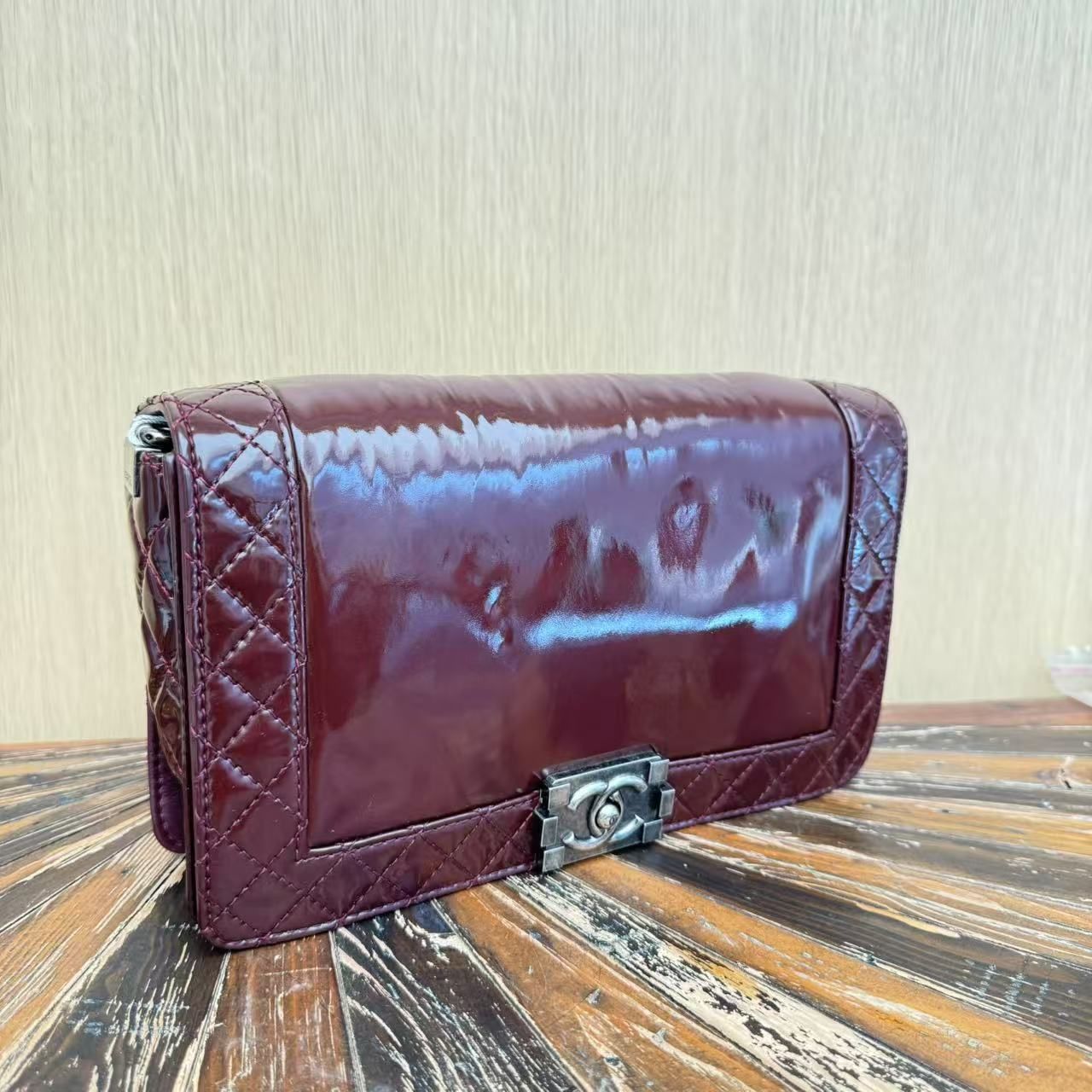 Chanel Medium Patent Reverso Boy Bag - Burgundy Shoulder Bags, Handbags