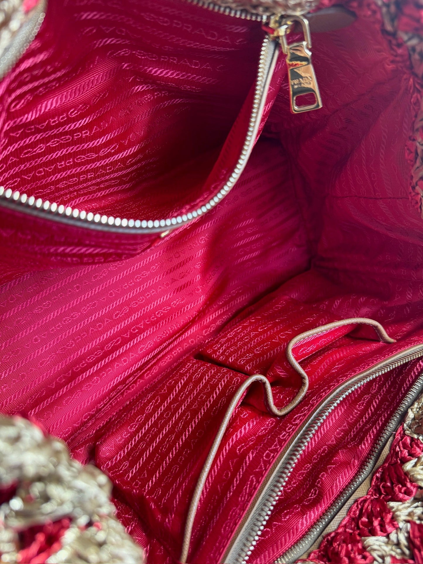 Prada 2012 Red & Brown Crochet Raffia Medium Canapa Tote Bag