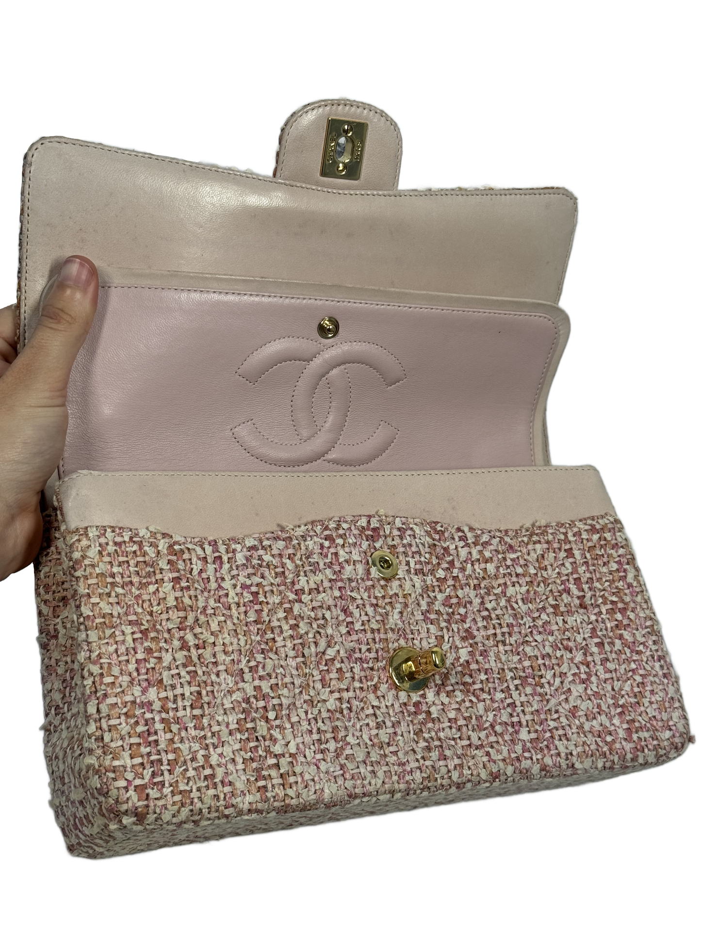 Chanel Vintage 2003 Baby Pink Tweed Medium Classic Double Flap Bag w 24K Gold Plated Hardware