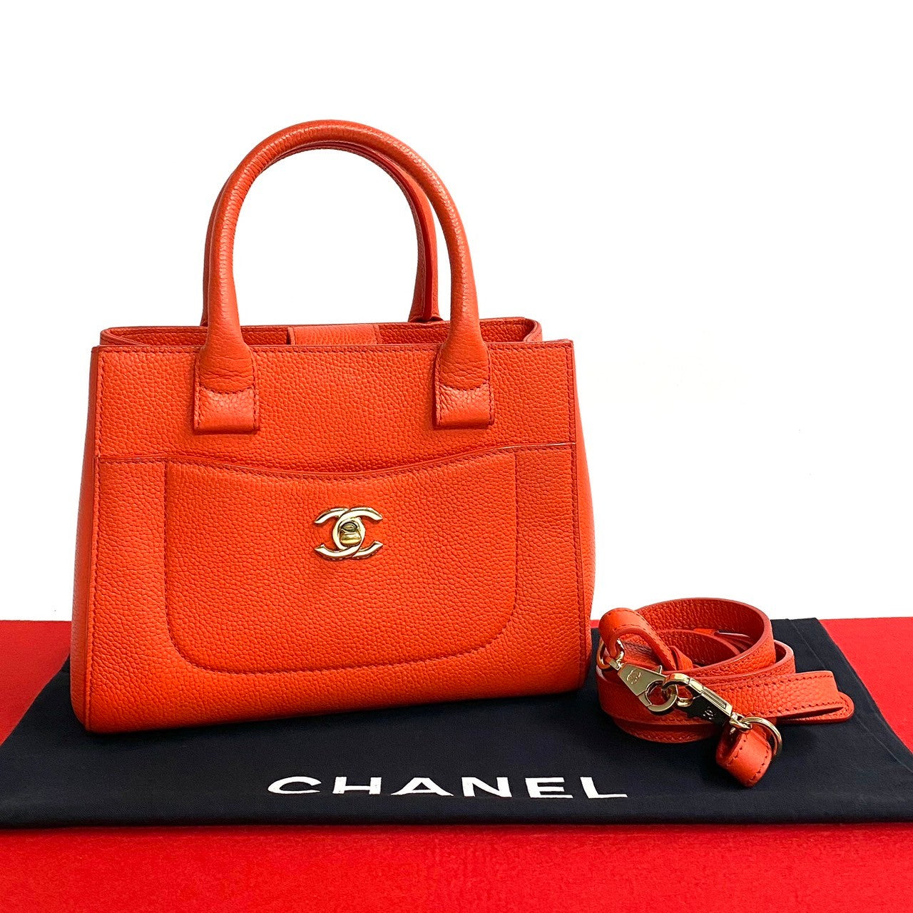 CHANEL Shoulder Bag Matt caviar skin Orange Neo Executive Small