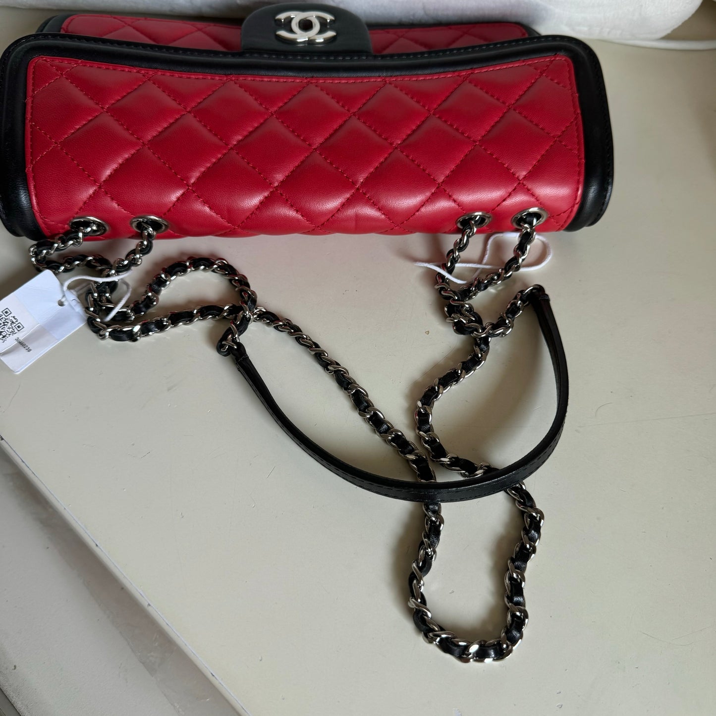 Chanel Baguette Flap Shoulder Bag Lambskin Red and Black Silver Double Chain
