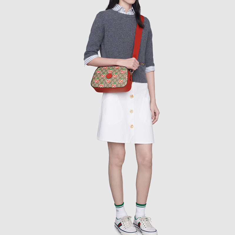 (WMNS) GUCCI Logo Apple Pattern Leather Logo Canvas Camera Bag Shoulder Messenger Bag Small Ebony / Red Valentine's Day Limited 574886-2EVDG-8646