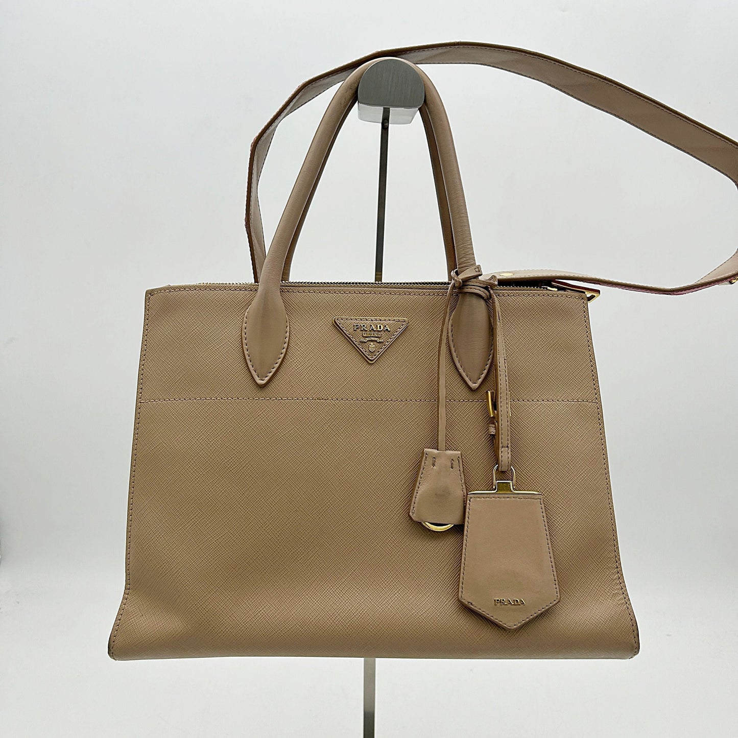 Prada 2017 Medium Saffiano Greca Paradigm Tote - Brown Satchels, Handbags LA15439