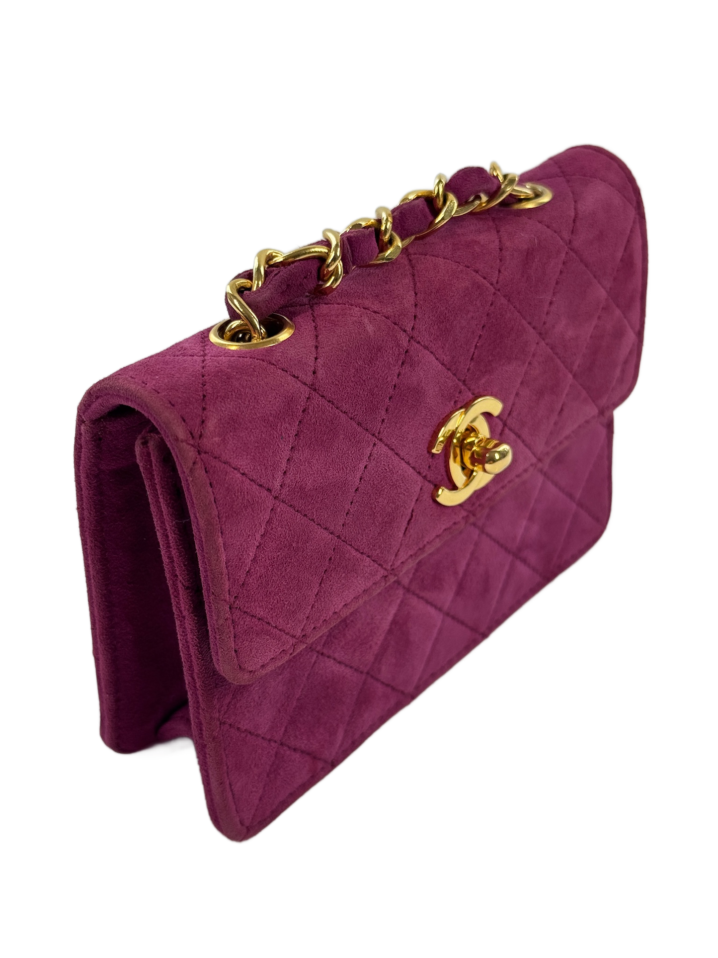 Chanel Vintage 80s/90s Quilted Fuchsia Suede Micro Mini Flap Crossbody Bag w 24K Gold Plated Hardware