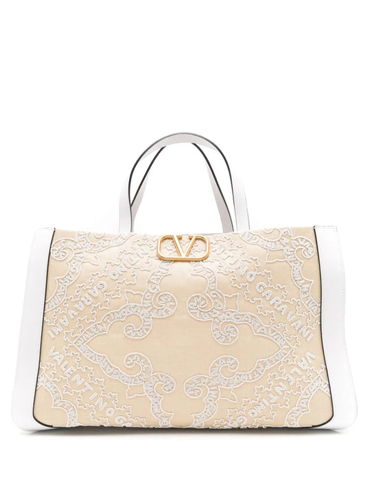 Valentino Vlogo Embroidered Raffia Tote Bag