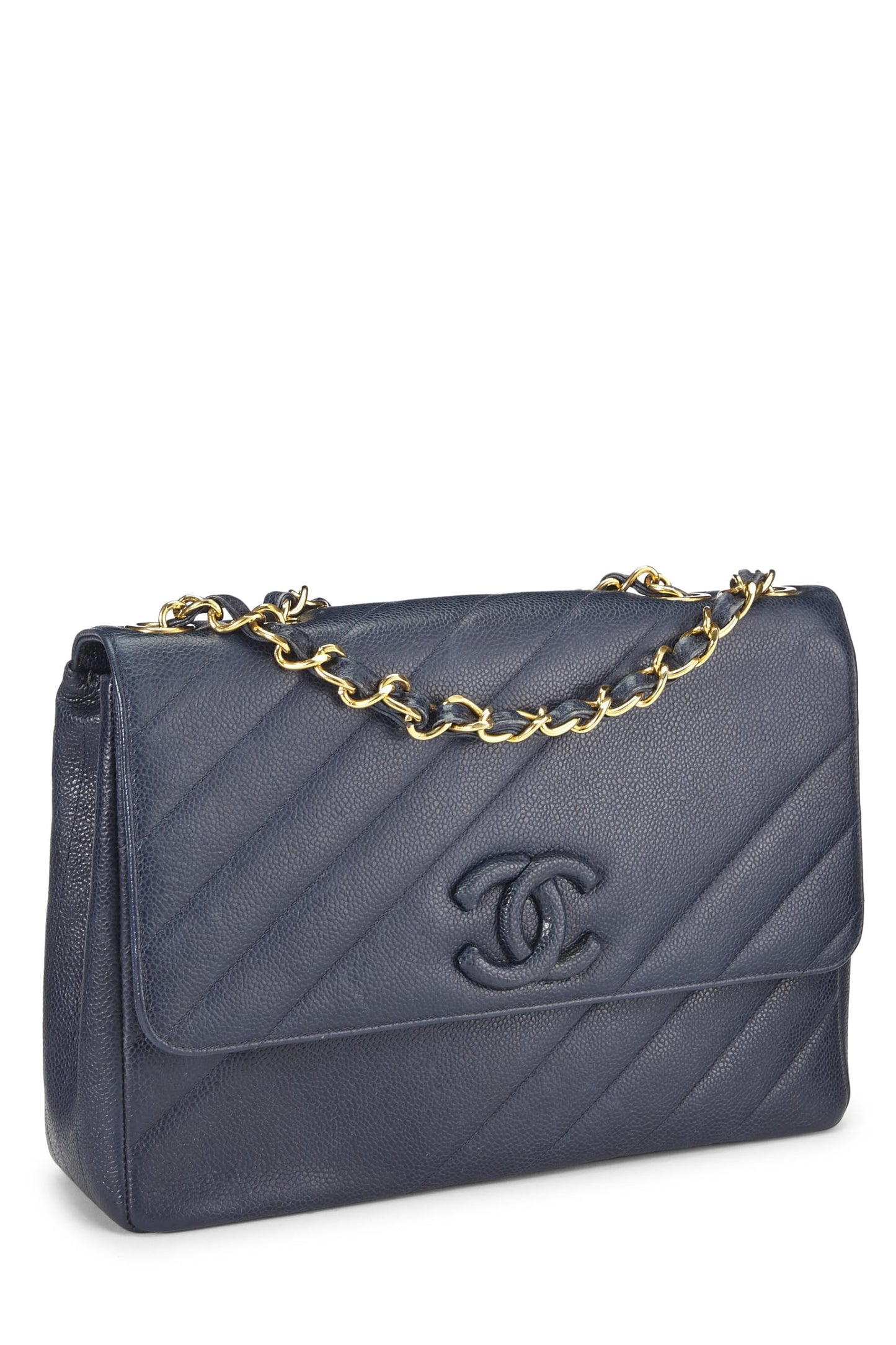 Chanel,  Navy Caviar Diagonal Quilted Shoulder Bag Jumbo, Navy