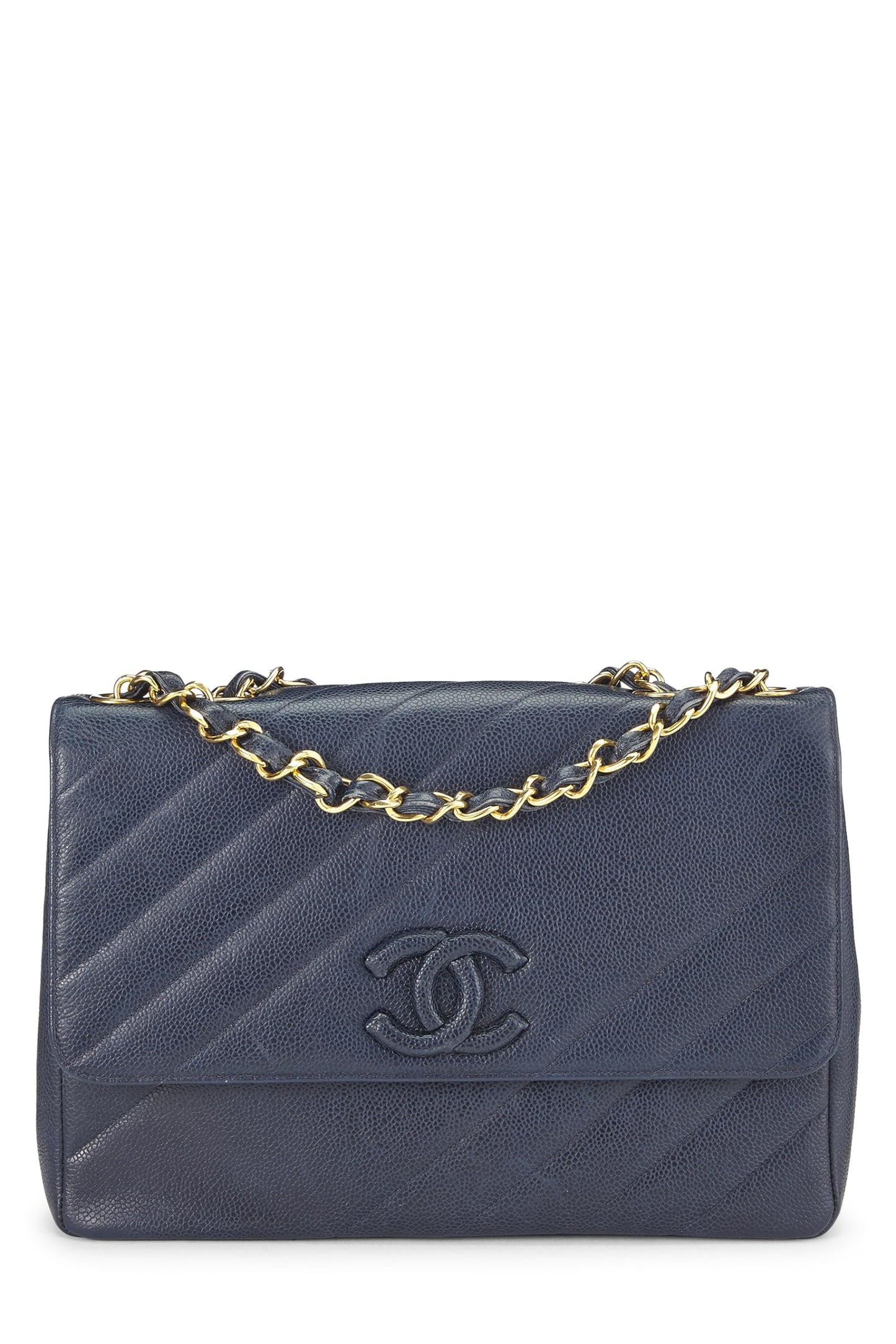 Chanel,  Navy Caviar Diagonal Quilted Shoulder Bag Jumbo, Navy
