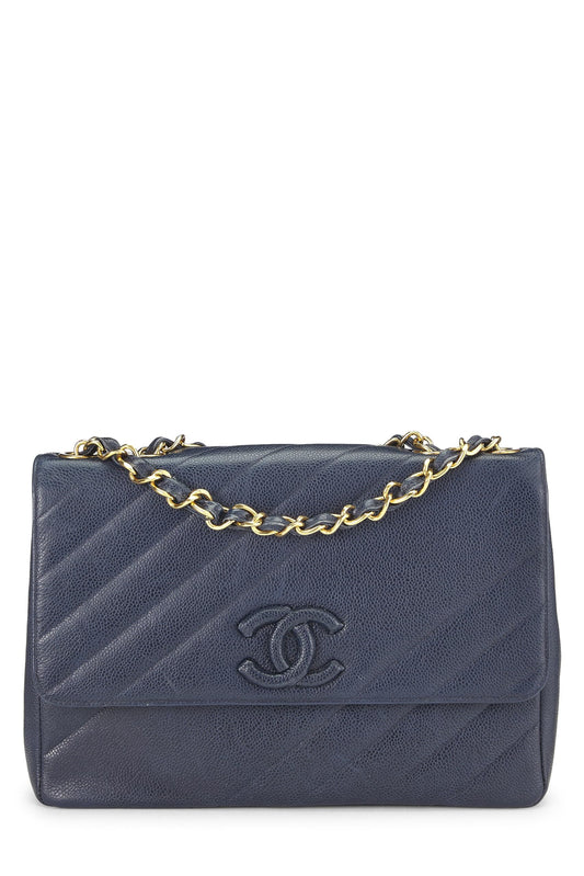 Chanel,  Navy Caviar Diagonal Quilted Shoulder Bag Jumbo, Navy