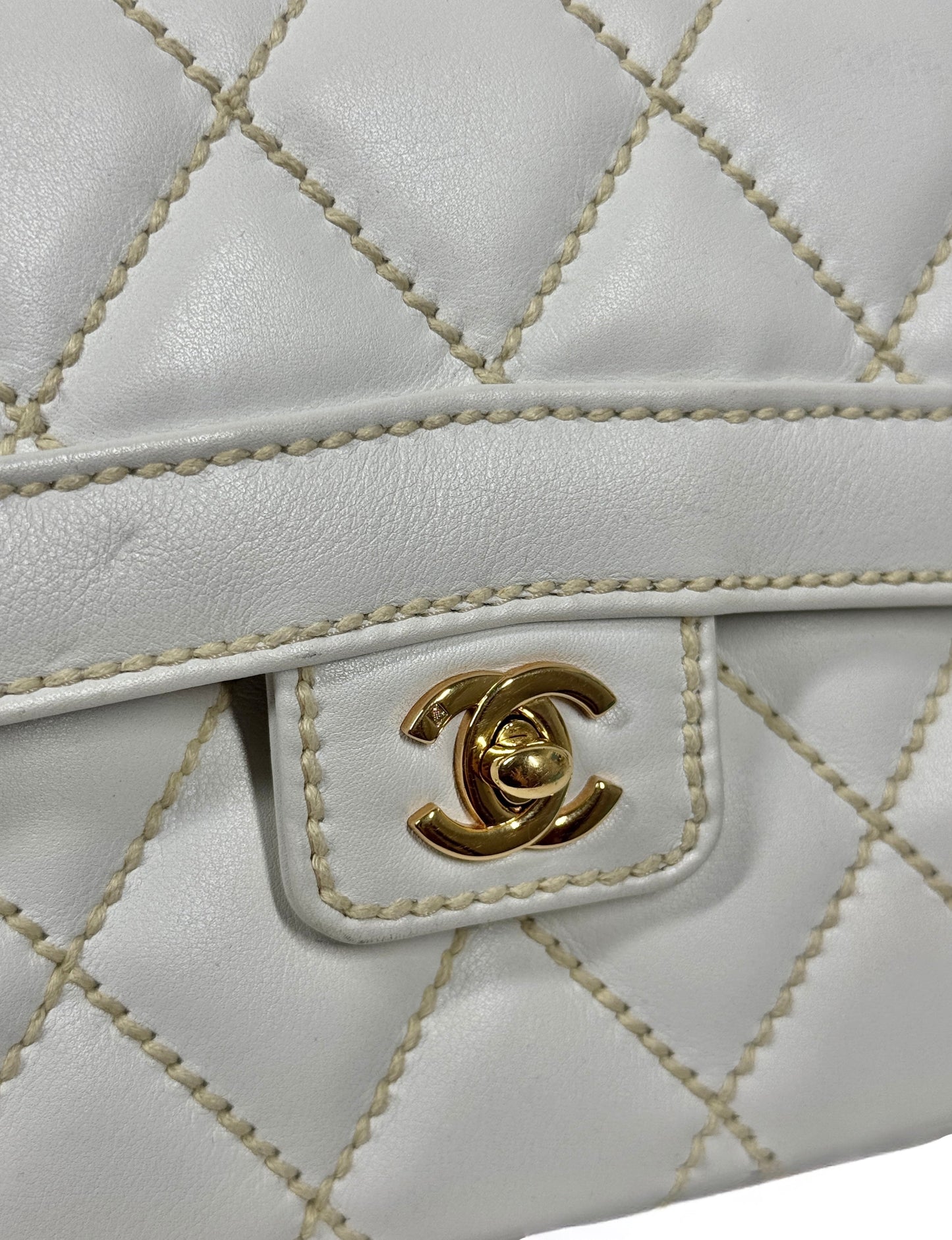 Chanel Vintage 2005 White Quilted Calfskin Leather Wild Stitch Medium Top Handle Classic Flap Bag w 24K Gold Plated Hardware