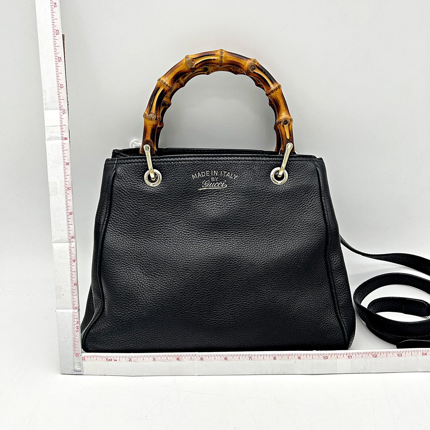 Gucci Black Pebbled Leather Bamboo Top Handle Small Shopper Tote Bag LA15895