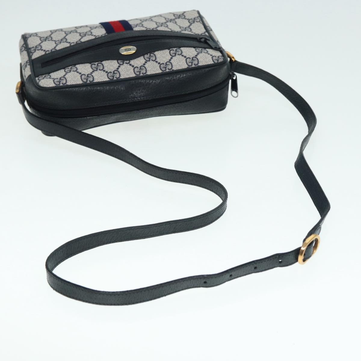 GUCCI GG Supreme Sherry Line Shoulder Bag PVC Navy Gold Red 98 02 004 Auth 88732