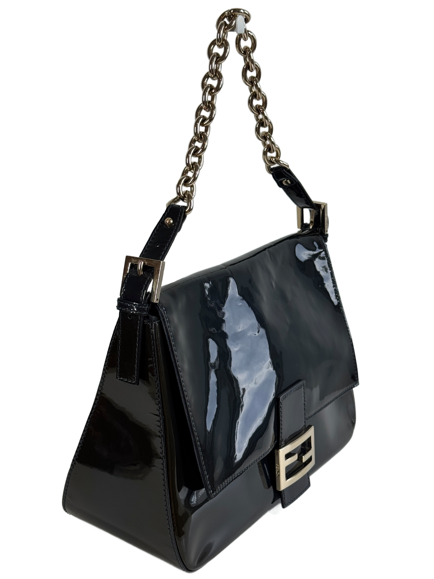 Fendi Navy Blue Patent Leather Forever Mama Baguette Chain Strap Shoulder Bag