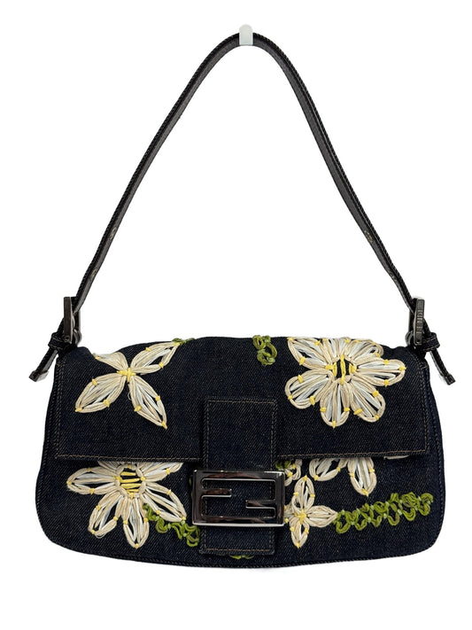 Fendi Vintage Blue Denim Floral Embroidered Baguette Shoulder Bag