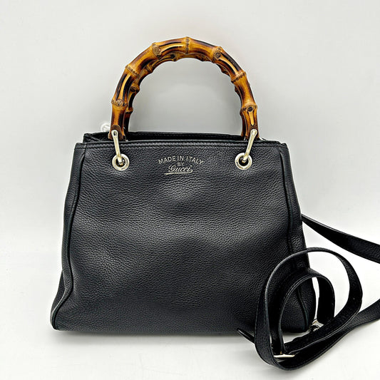 Gucci Black Pebbled Leather Bamboo Top Handle Small Shopper Tote Bag LA15895