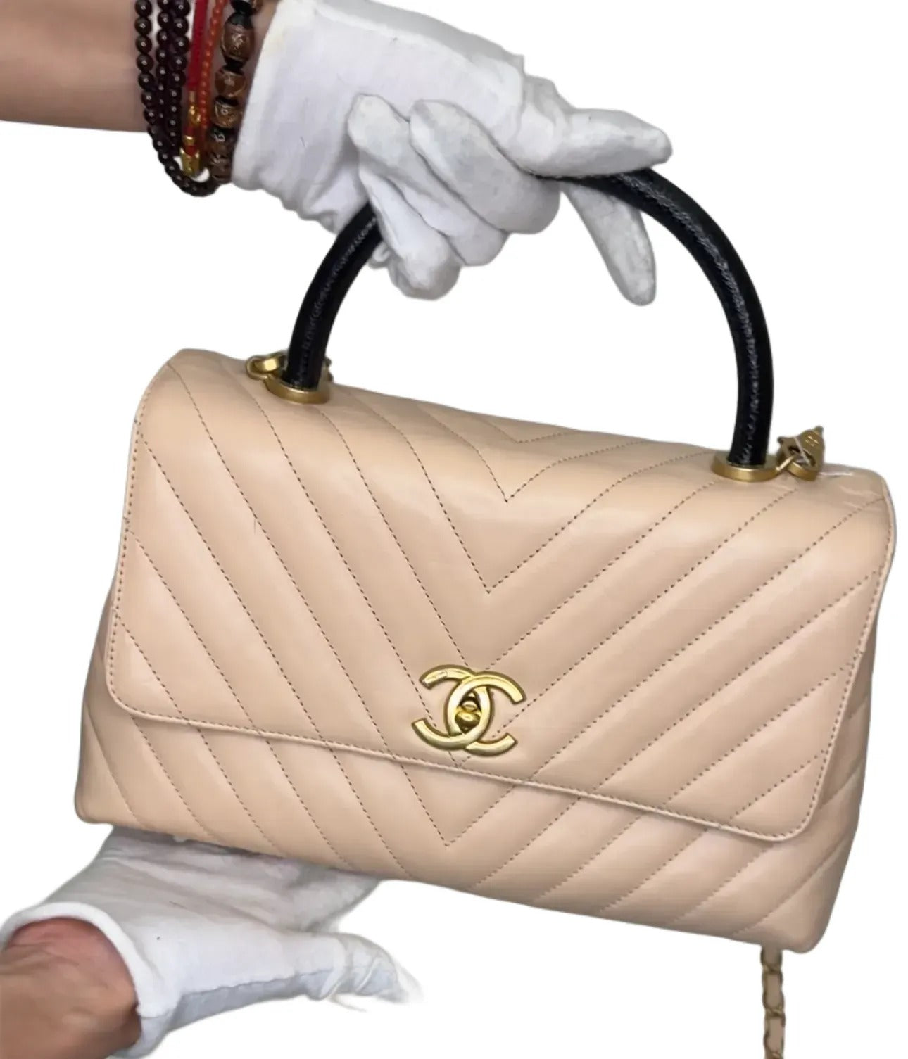 CHANEL Caviar Lizard Chevron Quilted Mini Coco Handle Flap Ivory B19-2