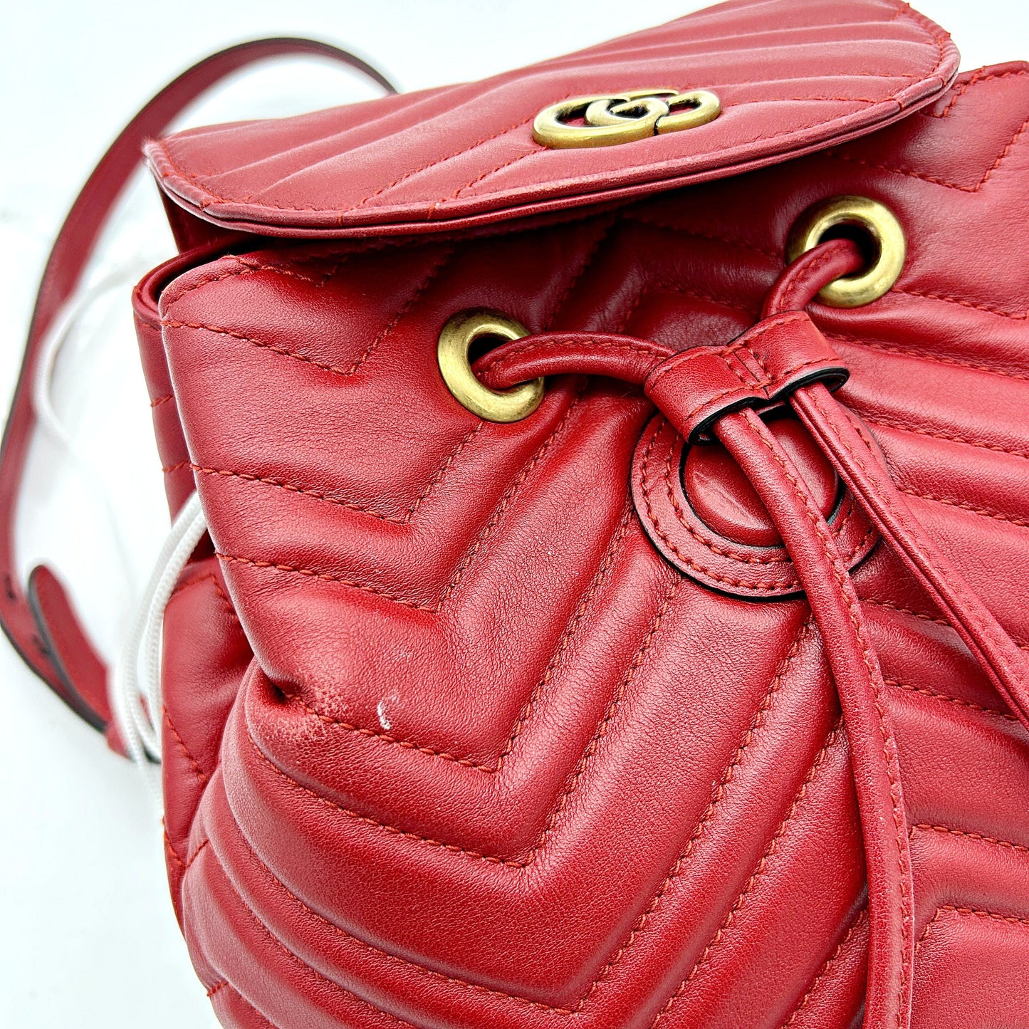 GUCCI Calfskin Matelasse GG Marmont Flap Backpack Hibiscus Red LA32914