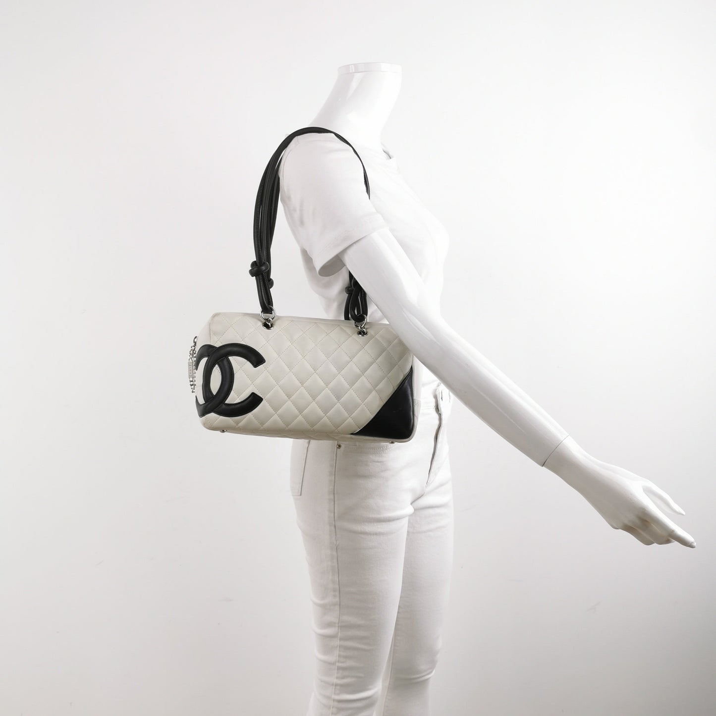 Chanel Cambon Medium Shoulder Bag White Calfskin Leather Black Double Strap