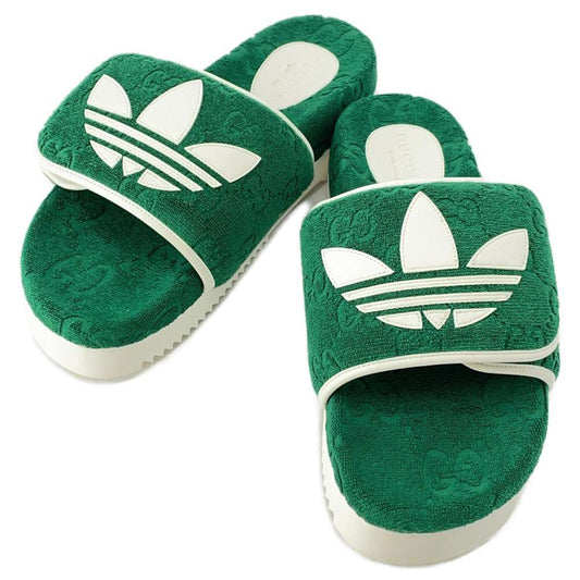 GUCCI Adidas Collaboration Platform Sandals Green/White 702412 GGCotton Rubber Size 9
