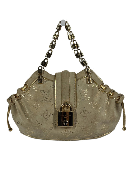 Louis Vuitton Vintage 2004 Beige Suede Gold Monogram Theda Mini Logo Lock Bag
