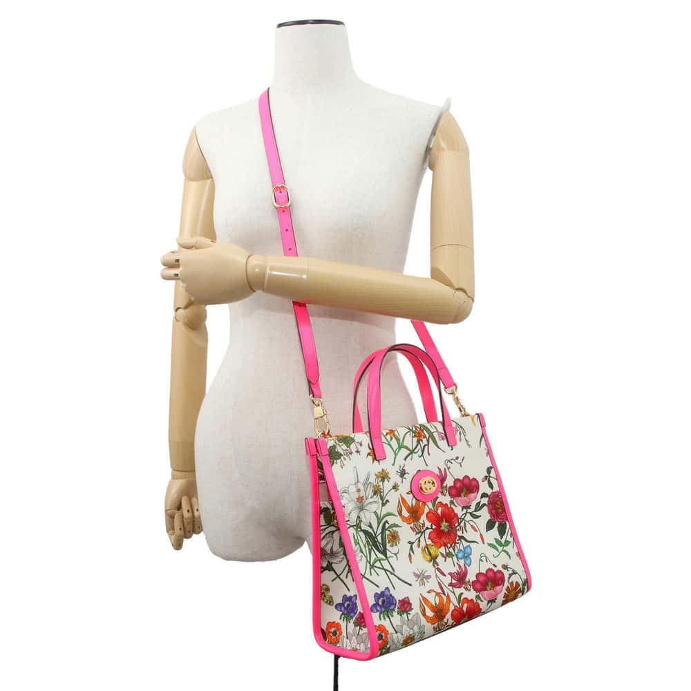 GUCCI Interlocking G Flora 2WAY Shoulder Bag White/Pink 550141 Canvas Leather
