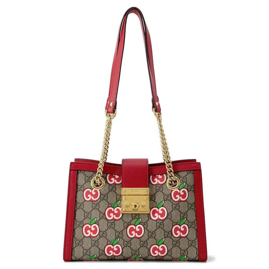 GUCCI GG Apple ChainShoulder Bag Beige/Red 498156 GG SupremeCanvas Leather