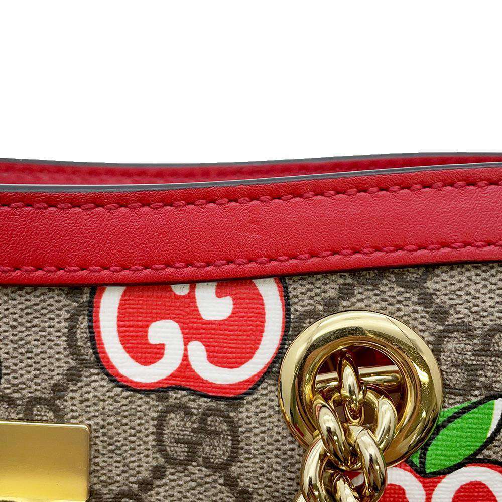 GUCCI GG Apple ChainShoulder Bag Beige/Red 498156 GG SupremeCanvas Leather