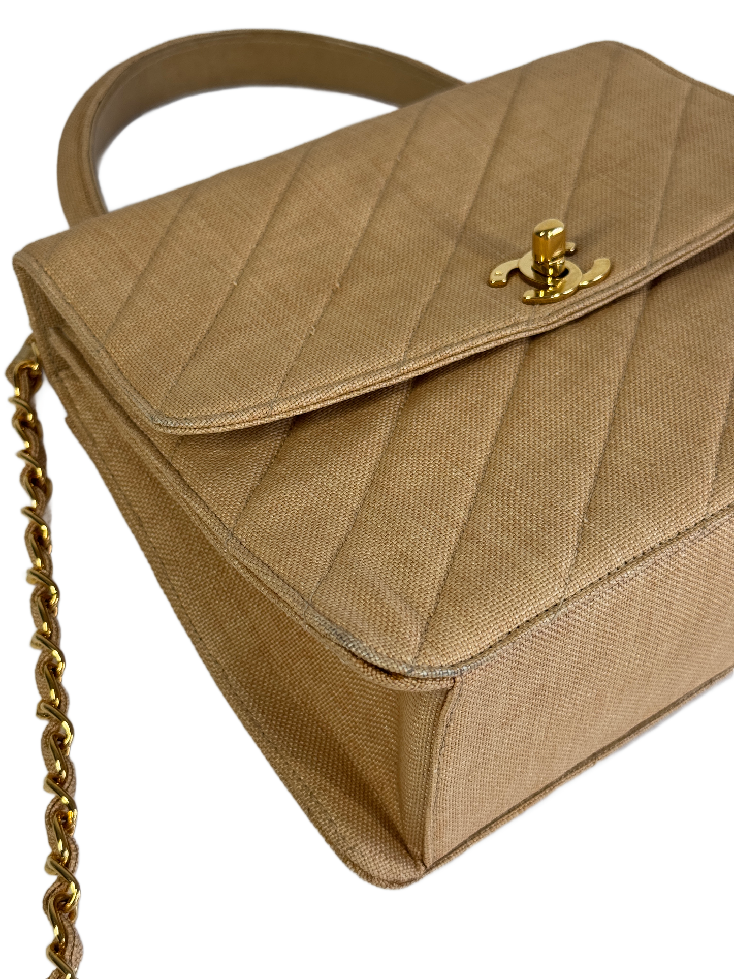 Chanel Vintage 90s Beige Linen Medium Kelly Top Handle & Shoulder Bag