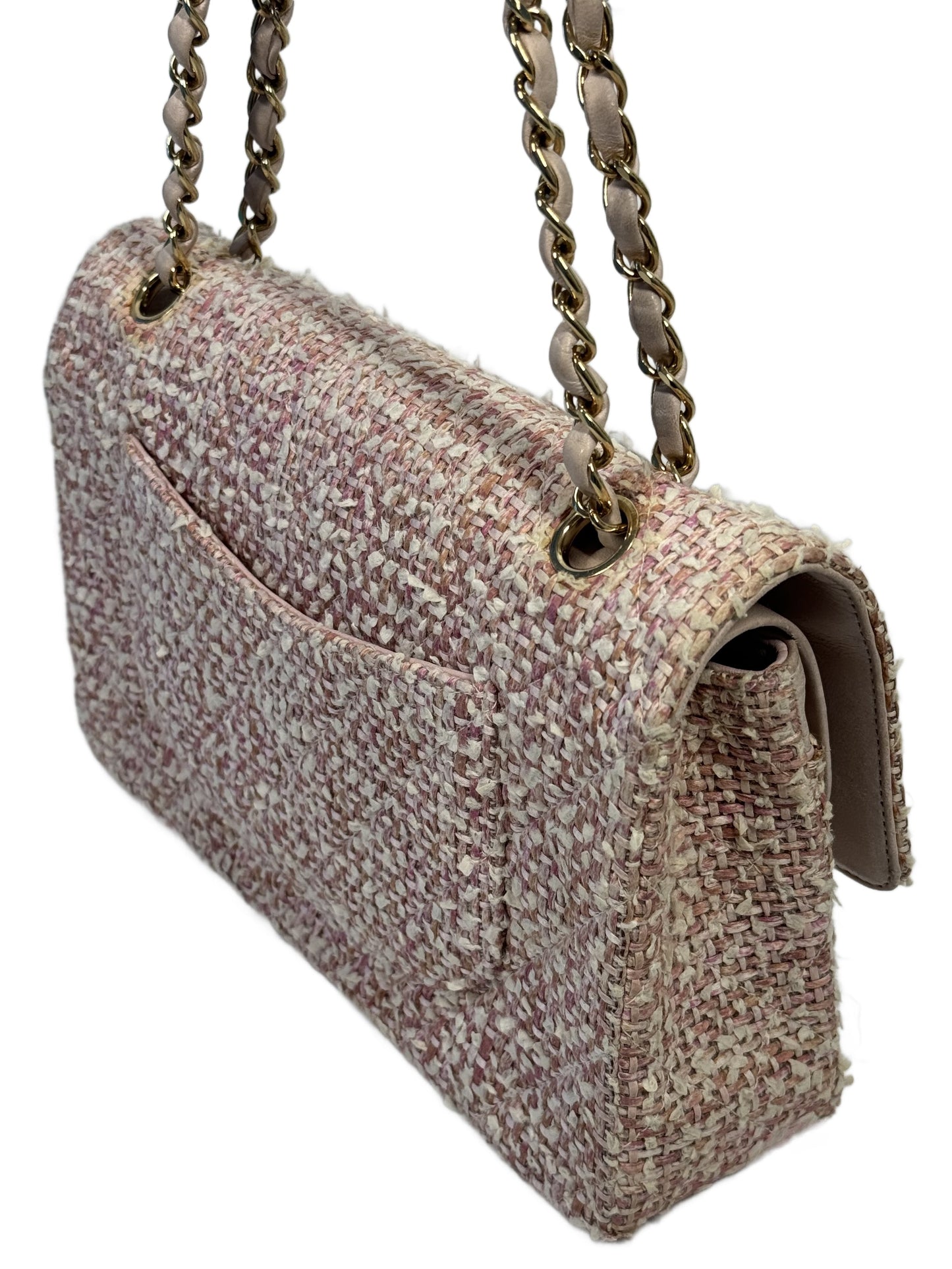 Chanel Vintage 2003 Baby Pink Tweed Medium Classic Double Flap Bag w 24K Gold Plated Hardware