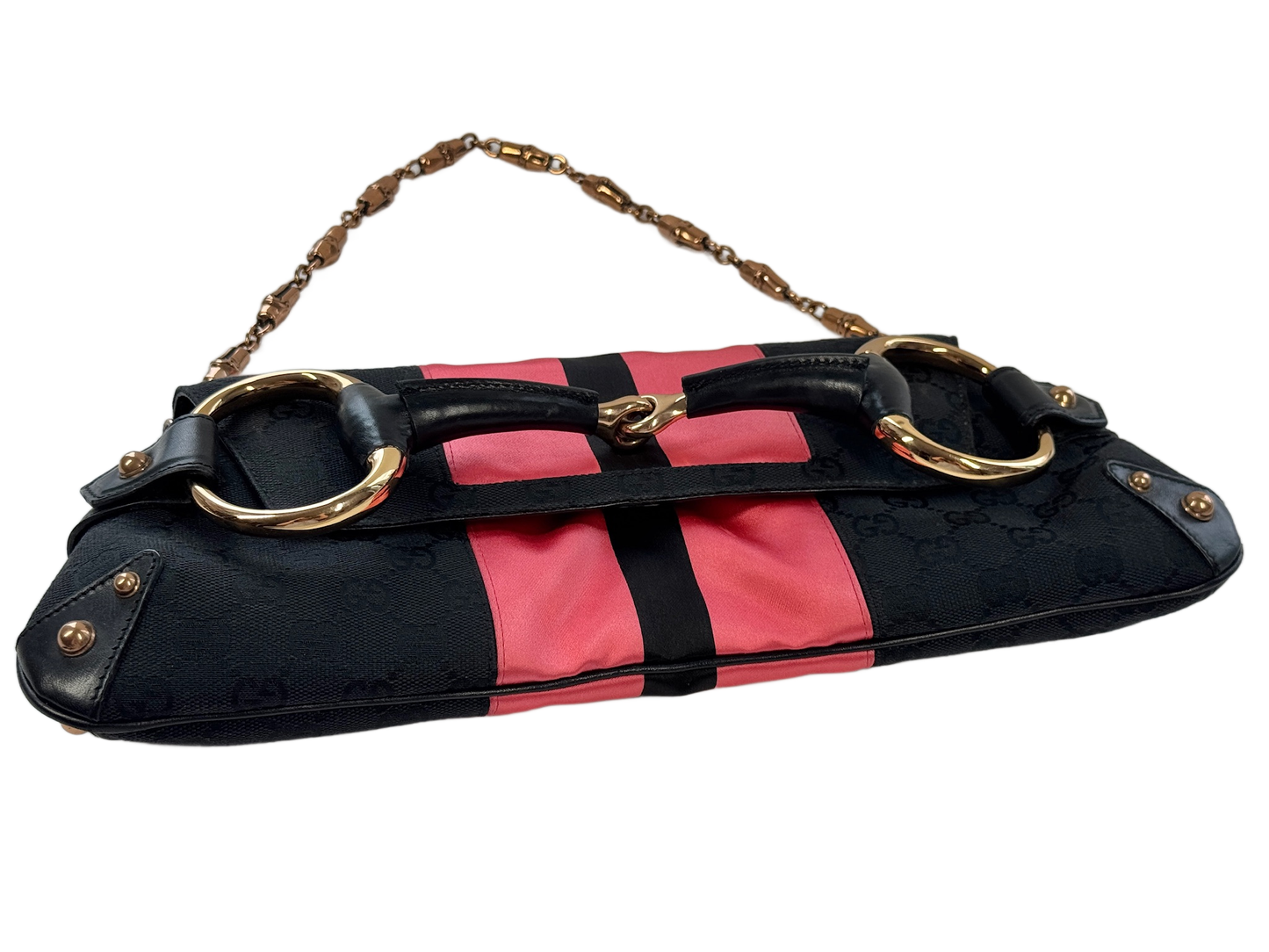 Gucci Vintage Black GG Monogram Gold Horsebit Pink Satin Striped Bamboo Chain Shoulder Clutch Bag