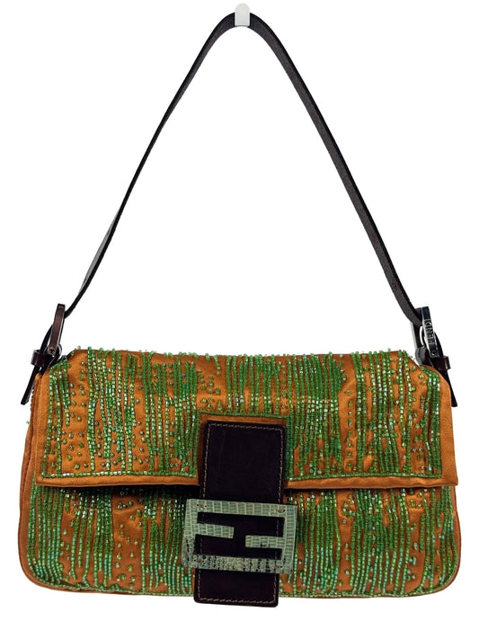 Fendi Vintage Orange Satin Green Beaded Lizard Logo Shoulder Baguette Bag