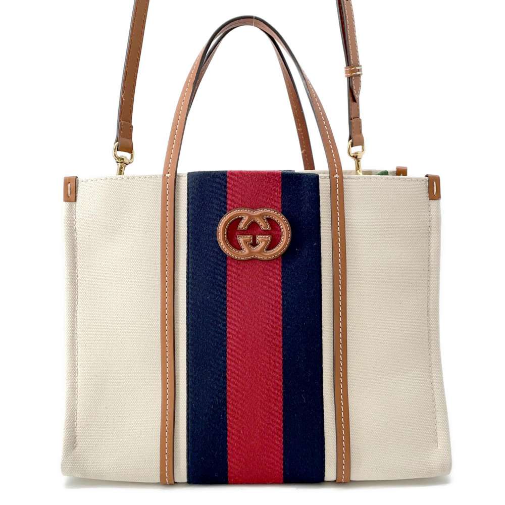 GUCCI Interlocking G 2way Tote Bag Natural/Blue/Red 727721 Canvas Leather Size Medium