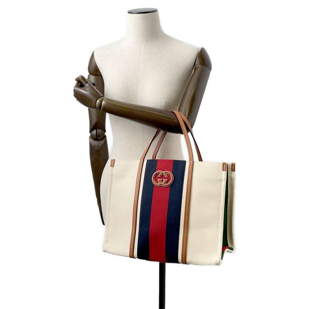 GUCCI Interlocking G 2way Tote Bag Natural/Blue/Red 727721 Canvas Leather Size Medium