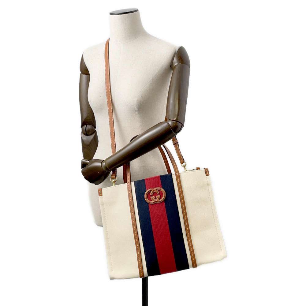 GUCCI Interlocking G 2way Tote Bag Natural/Blue/Red 727721 Canvas Leather Size Medium