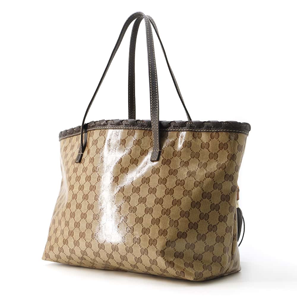 GUCCI GG Crystal Bamboo Tassel Tote Bag Brown/Beige 354665 PVC Coated Canvas Leather