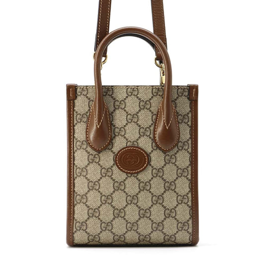 GUCCI Interlocking G 2WAY Mini Tote Bag Beige/Brown 671623 GG SupremeCanvas Leather