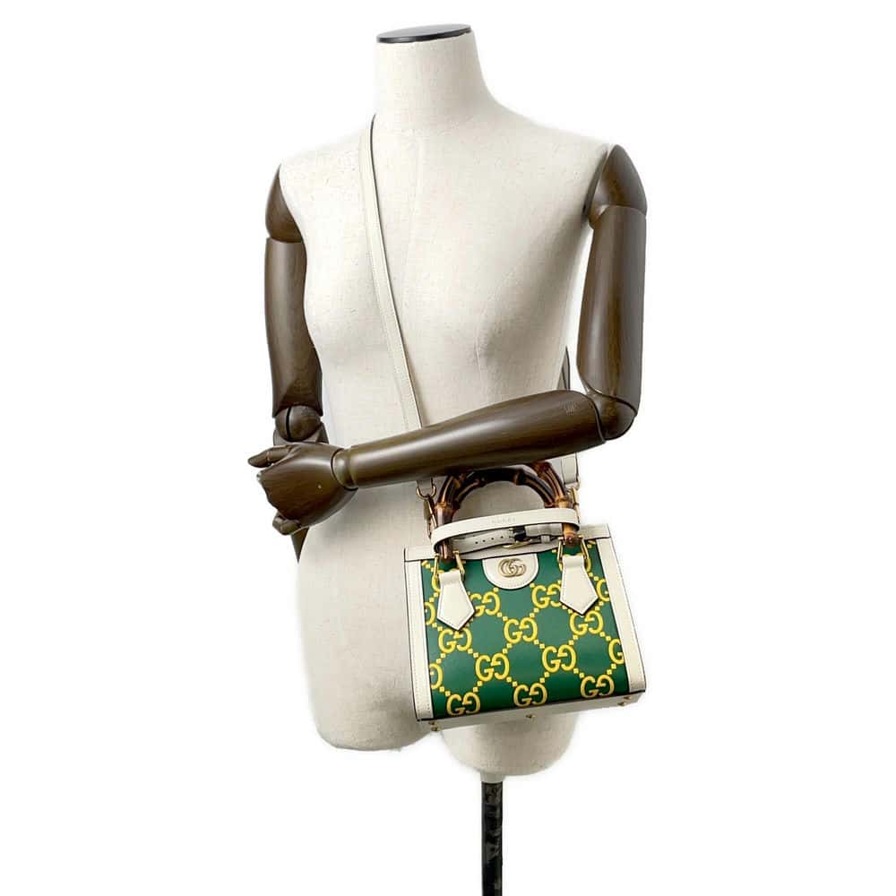 GUCCI Diana 2way Tote Bag White/Green/Yellow 655661 Leather Bamboo Size Mini