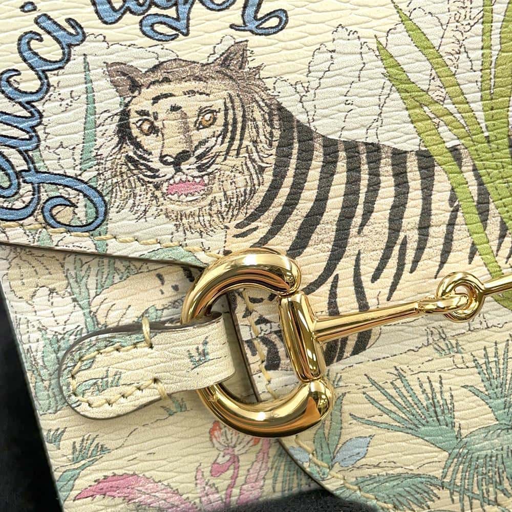 GUCCI Horsebit 1955 Tiger Shoulder Bag White/Multicolor 625615 Leather