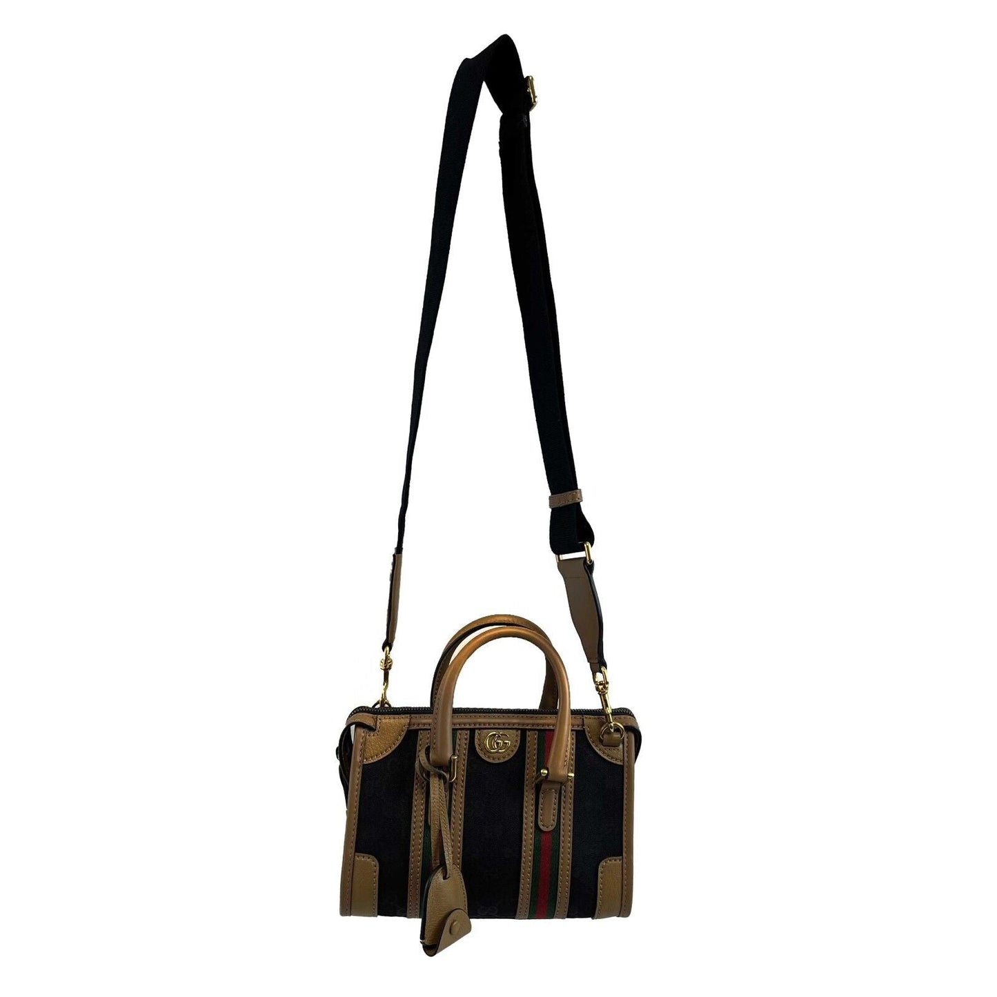 GUCCI GG Canvas Linea Bauletto Plaque Mini Top Handle Crossbody Black/Brown