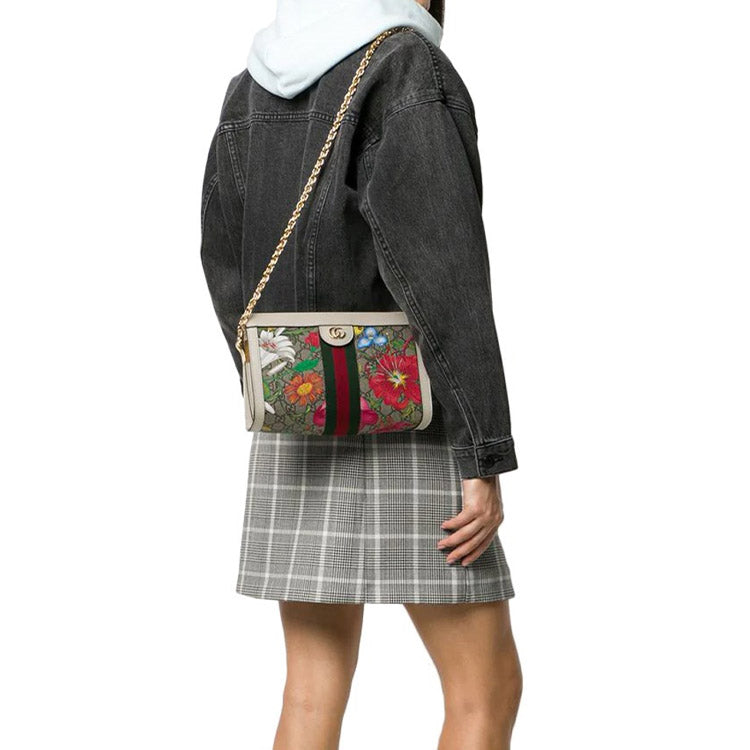 (WMNS) GUCCI Ophidia Flowers Printing Logo Stripe Webbing Canvas Chain Shoulder Messenger Bag Small / White / Multi-Color 503877-HV8AC-9759