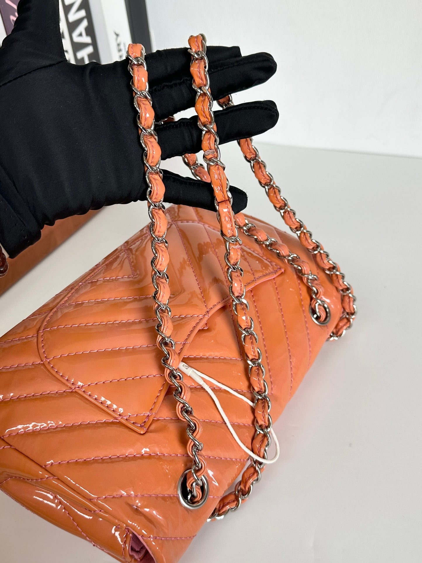 Chanel Patent Chevron Medium Flap Bag - Orange Shoulder Bags, Handbags #E